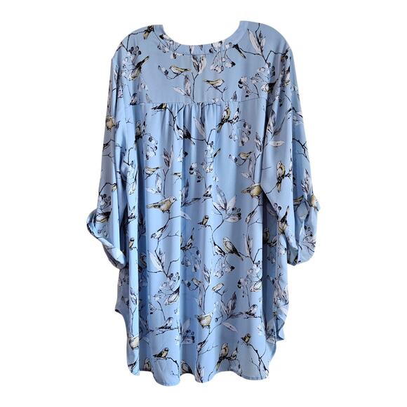 T TAHARI Women's Plus 2X Tunic Blouse Light Blue Birds 3/4 Sleeve Chiffon 52" - Picture 7 of 7